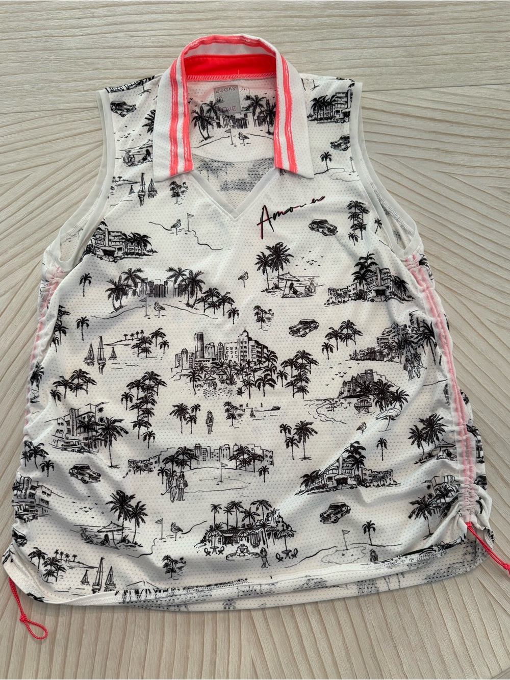 Lucky in Love Coral and White Active Tank Top Toile du Jour Palm Tree Print